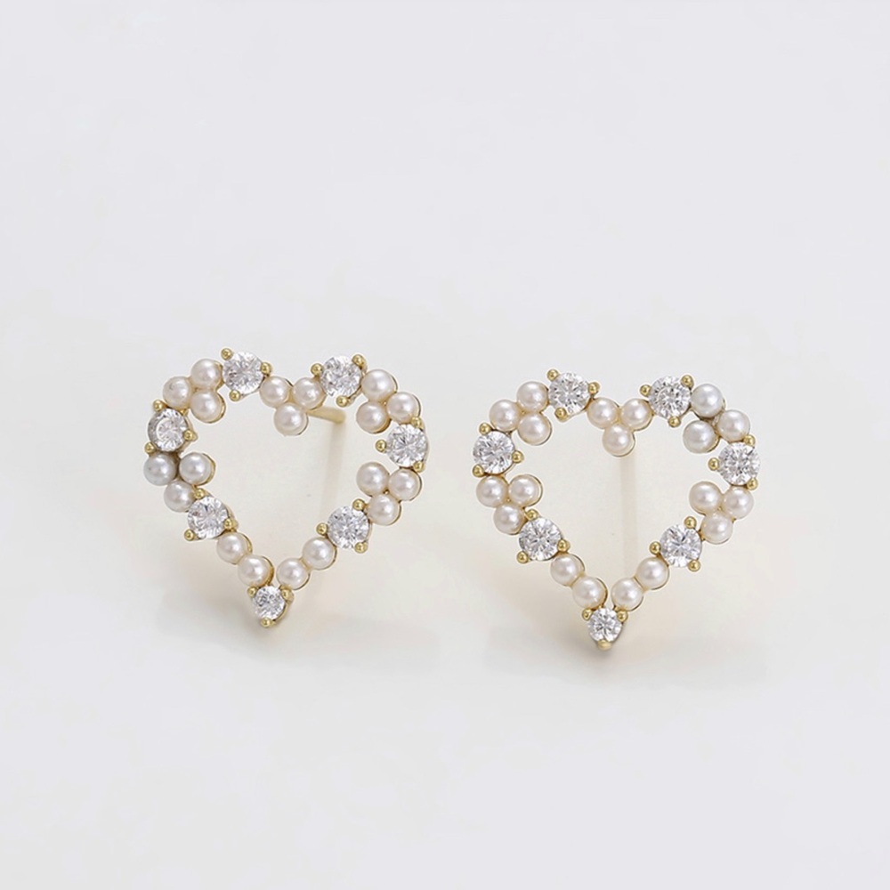 Heart Pearl Earrings 14K Gold Plated | CZ Stone Pearl Minimalist Jewelry